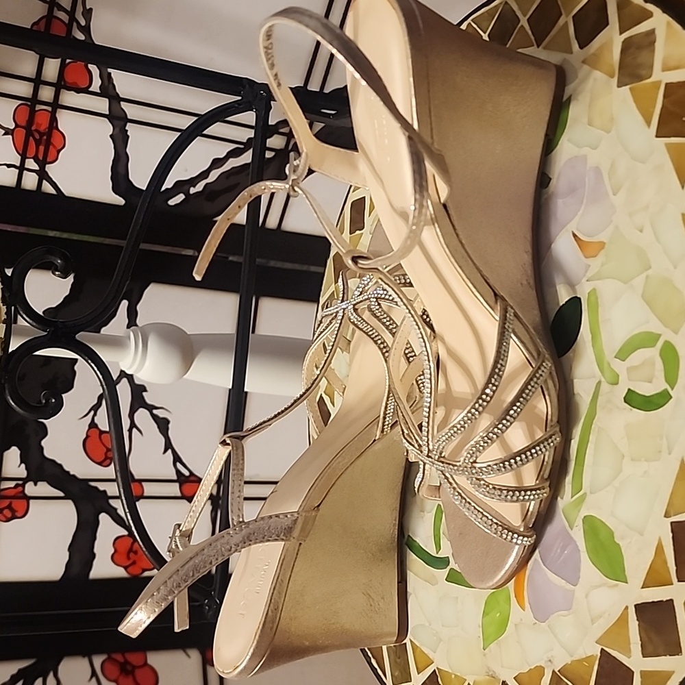 David's Bridal Tan Wedge Sandals Strappy Design View 2